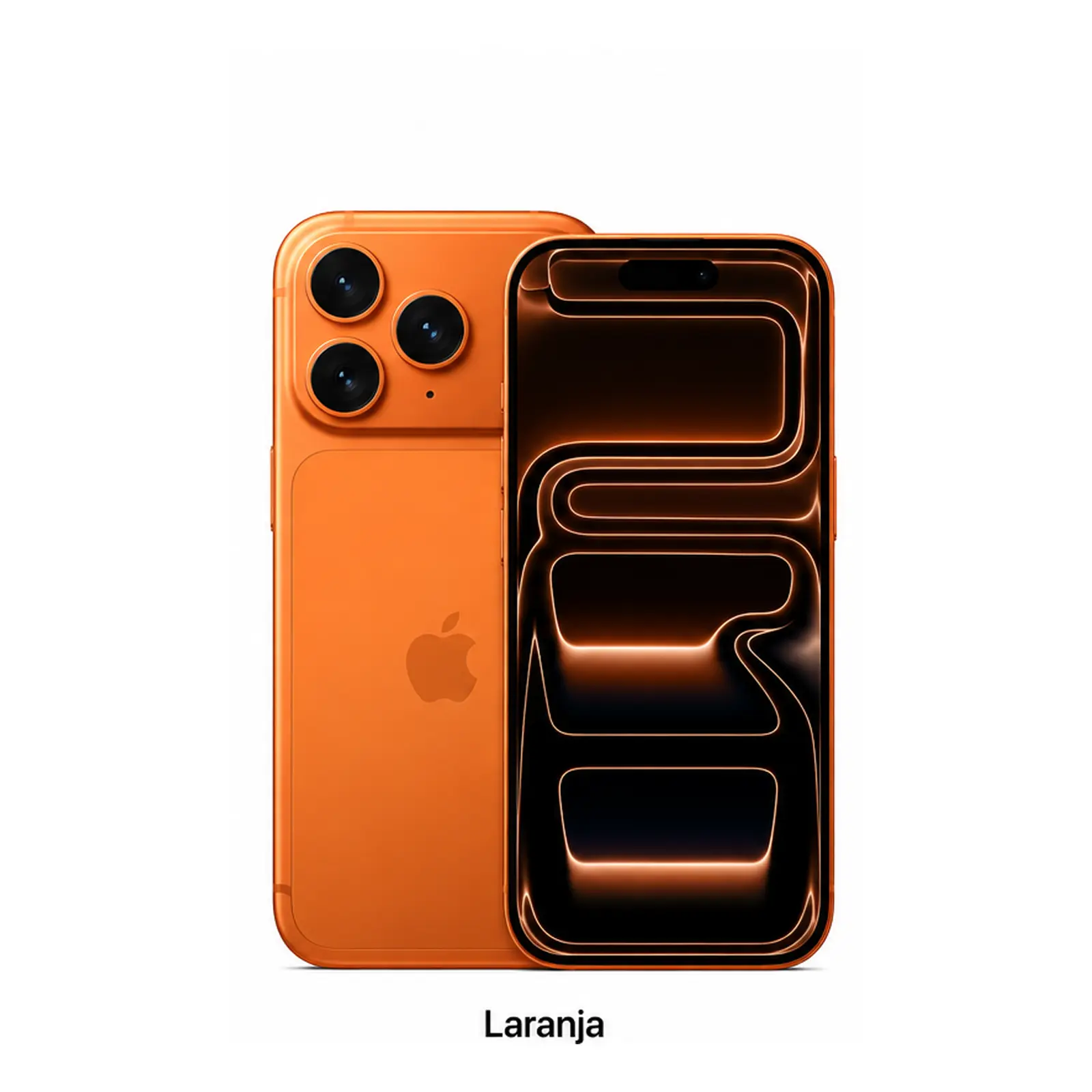 iPhone 17 Pro laranja, frente e verso (foto provisória do 17 Pro, aguardando foto real do 17 Pro Max).